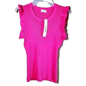 The Workshop Hot Pink Sz L Style TW1352 Ribbed Ruffle Sleeve Knit Top NWT